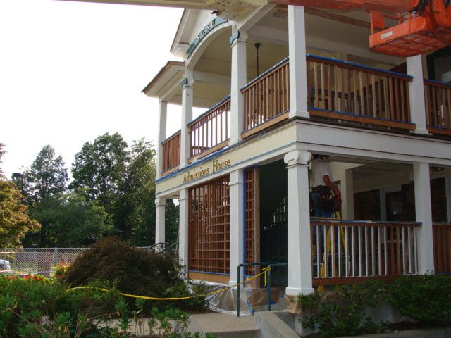 Side view of the restored two-story porch