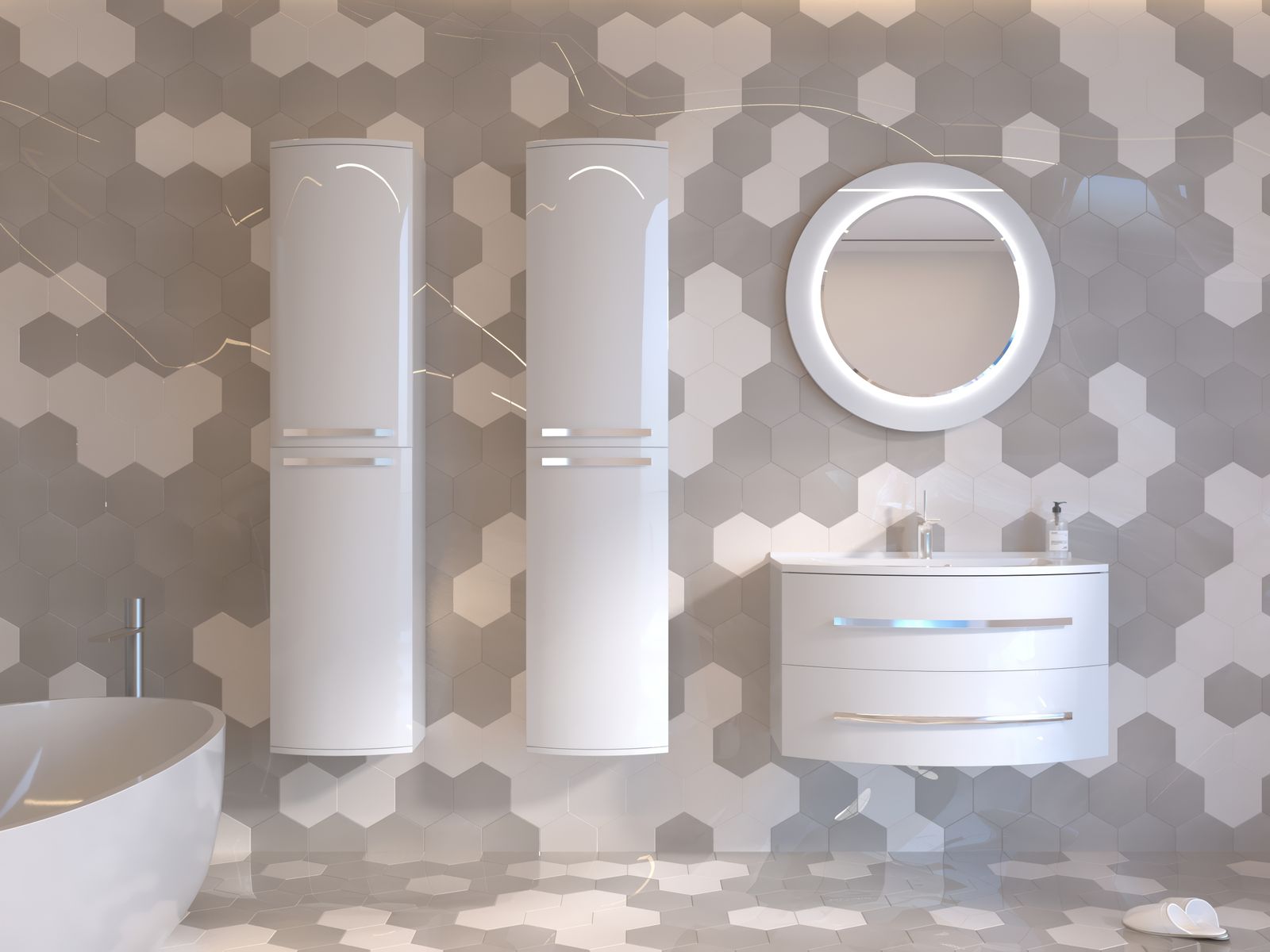 Primary bath with hexagonal tile and integrated lighting